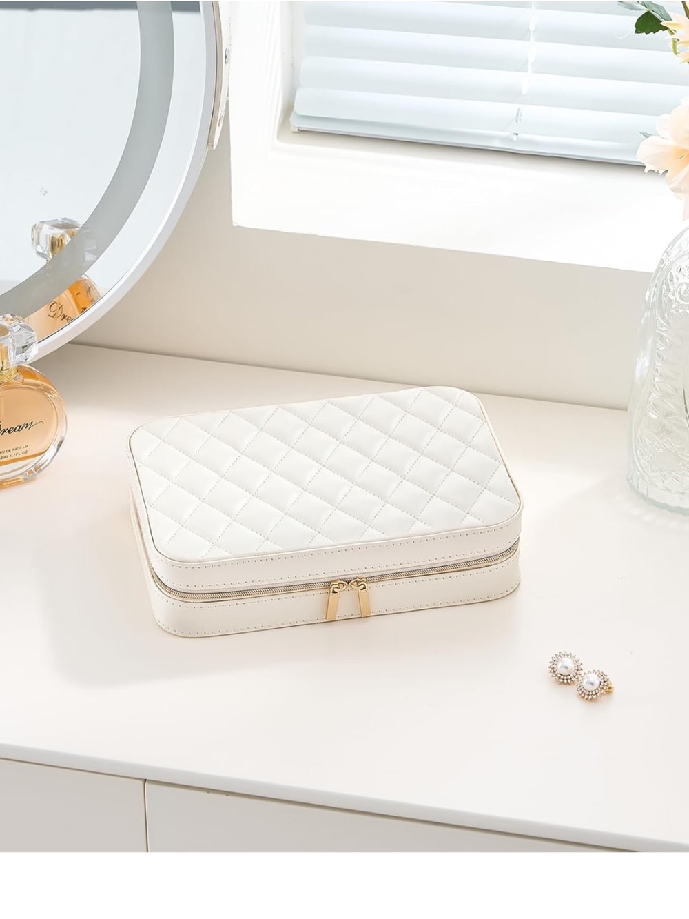 White Travel Jewelry Box Organizer w Mirror Clear Pouch Ring Necklace Case New